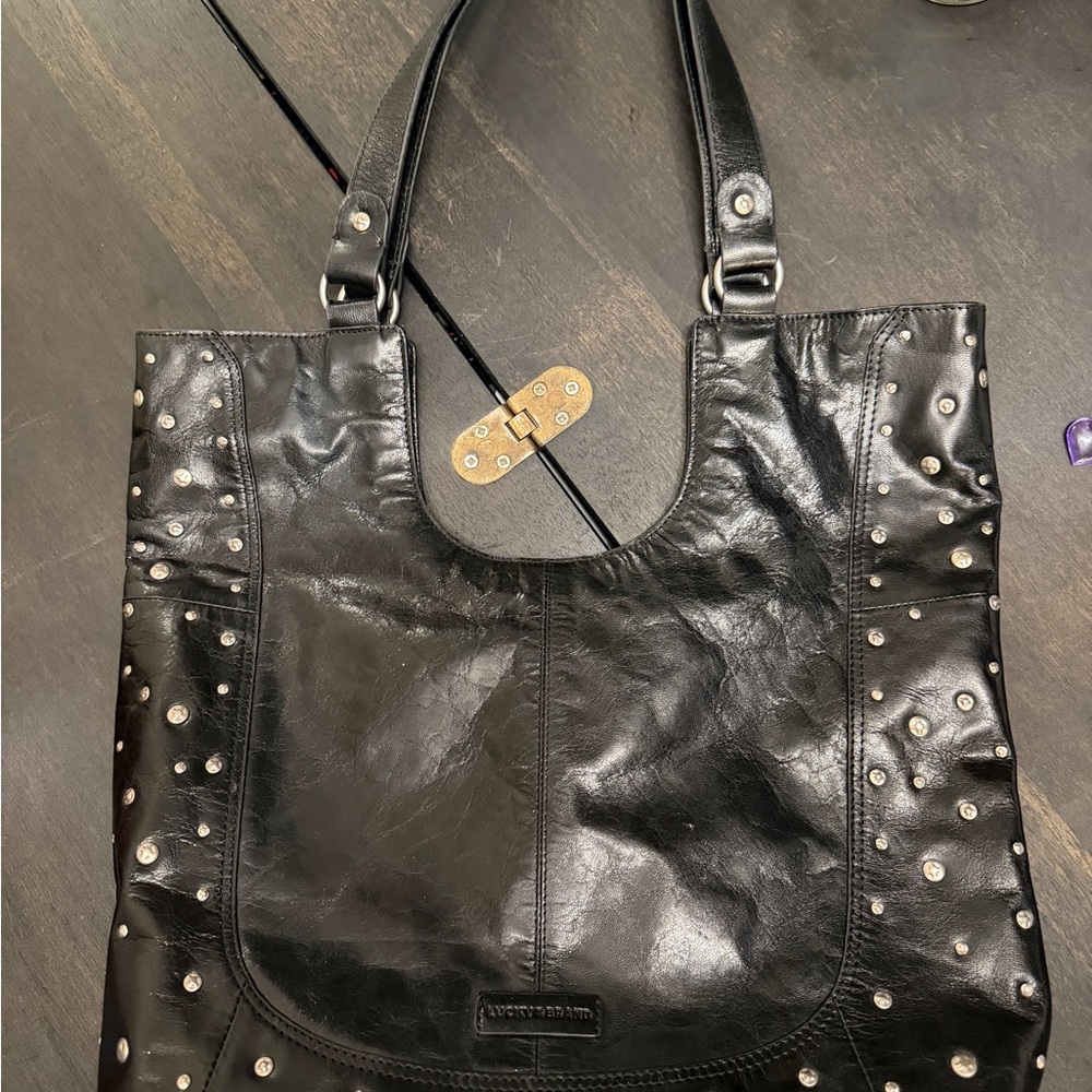 Lucky Brand Black Leather Studded Tote Bag